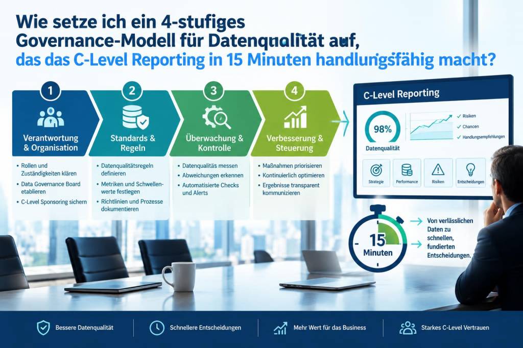 Wie setze ich ein 4‑stufiges governance‑modell für datenqualität auf, das c‑level reporting in 15 minuten handlungsfähig macht